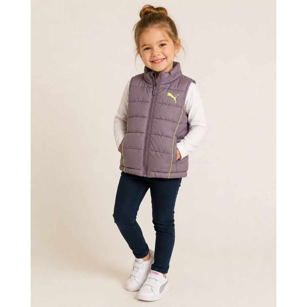 PUMA Girls 4T Puffer Vest Gray Neon Logo Full Zip Quilted Toddler